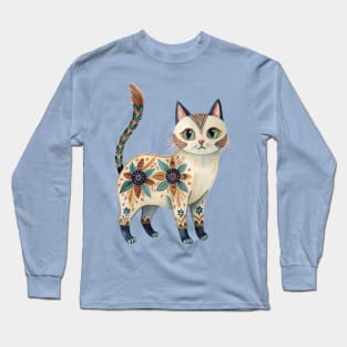 Munchkin Cat with floral boho pattern Long Sleeve T-Shirt